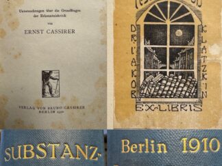<p class="headtitle">Cassirers erste selbständige Veröffentlichung mit dem ExLibris von Jakob Klatzkin.</p><b>Cassirer, Ernst.</b><br />Substanzbegriff und Funktionsbegriff. Untersuchungen über die Grundfragen der Erkenntniskritik.