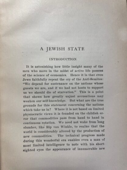<p class="headtitle">First American Edition</p><b>Herzl, Theodor.</b><br />The Jewish State. An Attempt at a modern Solution of the Jewish Question. – Bild 4