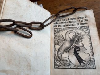 <p class="headtitle">Sehr seltenes KETTENBUCH / 1511 RARE CHAINED post-incunabula FOLIO by ANTONINUS FLORENTINUS.</p><b>Antonius [Florentinus] und Johannes Molitoris.</b><br />[Summe sacrae Theologiae] Repertoriu[m] totius summe beati Antonini archiepiscopi Florentini ordinis predicatorum. Prima pars summe reueren/||dissimi in christo patris ac d[om]ni] || d[omi]ni Antonini archiep[iscop]i floren[ini].|| vorgeb.  [T.V:] Repertoriu[m] totius summe ... || (copilatum [pro] d[omi]num Jo/||hannem molitoris/ fratrem ordinis predicatoru conventus || Colon. ... ||).