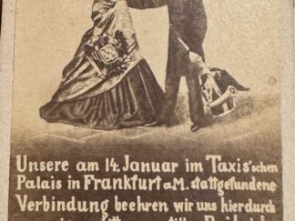 <b>Anonym.</b><br />Die erste Photo-Montage 1864. d.i.: PHOTOMONTAGE. Albumin-Silber-Print, Carte-de-visite. Unsere am 14. Januar 1864 im Taxis`schen Palais in Frankfurt a.M. stattgefundene Verbindung beehren wir uns hierdurch anzuzeigen und bitten um stilles Beileid. Bernhardine v. Rechmark, Wien. Otto v. Bisberg, Berlin.