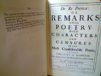 <b>Blount, Thomas Pope.</b><br />De Re Poetica or remarks upon Poetry (1694)With Characters and Censures of the Most Considerable Poets, whether Ancient or Modern. extracted out of the Best and choicest Critics
