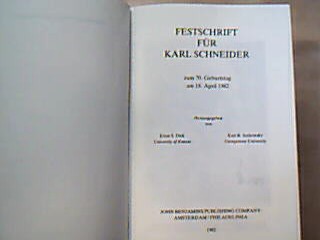 <b>Dick, Ernst S. und Kurt R. (eds.) Jankowski.</b><br />Festschrift für Karl Schneider zum 70. Geburtstag am 18. April 1982.