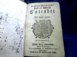 <b>Hemmerling [Hg.], Johann Georg.</b><br />Hochstifts Münsterischer Hof- und Adreß- Calender für das Jahr 1797. angeb."Genealogisches Verzeichniß der vornehmsten jetzt lebenden hohen Personen in Europa"