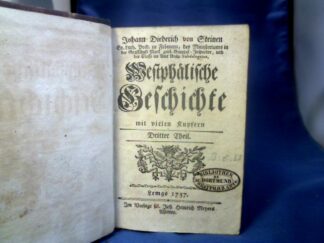 <b>Steinen, Johann Diederich von.</b><br />Westphälische Geschichte mit vielen Kupfern. 4 Teile in 4 Bänden. Mit zus. 73 Tafeln auf denen sehr zahlreiche Darstellungen von Wappen und Symbolen (ca. 450) der behandelten Familien zu sehen sind und 3 gefaltete Stammtafeln.