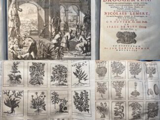 <p class="headtitle">Prächtig illustriertes Pharmaziepflanzenbuch.</p><b>Lemery, Nicolas, C.v. Putten (Transl.) und Isaac de Witt.</b><br />Woordenboek of Algemeene verhandeling der enkele droogeryen, behelzende der zelve verscheide benamingen, oorsprong, verkiezing ..., en alle byzondere eigenschappen, die in de dieren, planten, en bergstoffen gevonden worden / In `t Fransch beschreven door ... Nicolaes Lemery ...; en in `t Nederduitsch gebragt door C. v. Putten Pz. ... en Isaac de Witt ...
