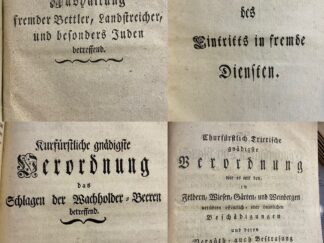 <p class="headtitle">Trierer Edikte um 1775:  Vom "Schlagen der Wachholder-Beeren" bis zur "Aushaltung von Gesindel und Juden"</p><b>Clemens Wenzeslaus, Erzbischof von Trier.</b><br />Sammlung zahlreicher Edikte und Verordnungen für das Erzstift Trier.: Generale an gesammte erzstiftisch-trierische Aemter vom 27ten Jänner 1794: in Betreff eines Vertheidigungs-Ausschusses von regulirter Militz zu 6000 (1794) 18 S.; Nachricht über die Vortheile des Kurtrierischen Brand-Versicherungs-Instituts (8 Bll.); Kurfürstliche gnädigste Verordnung in Betreff der Erbauung neuer Schulhäuser, insbesondere Befreyung der Filialisten vom Beitrag zu den Mutterschulen. (1789) 2 Bll.; Freiheit der Kirchen-Küster von der Viehehuth. (1788) 2 Bll.; Abtriebs-Sachen (1788) 2 Bll.; Brandversicherungsinstitut (1788) 2 Bll.; Gerichtsstelle Civil-Rechtssachen (1787) 2 Bll.; Streifungen des Jäger-Corps in Specie demselben zu erlaubende Haus-Suchungen. (1787) 2 Bll.; Verordnungen das Behölzigungsrecht der Seelsorger in gemeinen Waldungen betreffend. (1787) 4 Bll.; Unser Einzug in die Residenzschloss Koblenz.(1786) 4 Bll.; Criminal, und Civil Justitz-Weesen der Oberhöfen, und Aemter. (1786) 4 Bll.; erneute Verordnung wider das Auswandern der Unterthanen. (1786) 4 Bll.; Vornahm der Landschaftlichen Decennal-Revision betreffend. (1784) 2 Bll.; Kurfürstliche gnädigste Verordnung das Schlagen der Wachholder-Beeren betreffend. (1784) 2 Bll.; Verordnungen für die Closter-Frauen das Beichten betreffend. (1784) 4 Bll.; Aushaltung fremder Bettler, Landstreicher, und besonders Juden betreffend (1783) 2 Bll.; Erneuerte Verordnung daß Geistliche Corpora keinerley in den Churtrierischen Landen liegende Güter ohne Landesherrlichen Consens kaufen noch verkaufen sollen. 1782, 4 Bll.; Anhang zur Verordnung die Ablage der Gemeinds Rechungen betreffend. 1782, 2 Bll.; Churfürstlich Trierische Verordnung die Bruchten-Bestätigung betreffend. 1782, 4 Bl.; Verordnung Die Aufhebung der bis dahin im Obern ... Appelations-Summe betreffend. 1782, 2 Bll.Kurfürstliche..... Verordnung ..Aufnahme neuer Bürger.. gehaltew werden soll. (1779), 5 Bll.; Churfürstlich... Verordnung.. Feldern, Wiesem, Gärten, Weinbergen... Beschädigungen Vergüth- auch Bestrafungen... 1778, 2 Bll. ... die Aufschrift  .. Acten Berichten ... betreffend. 1778, 2 Bll.; ... Land- Dorf- oder Bauren-Gerichten.. Betreffend. 1778, 2 Bll.;... Verordnung das Gewicht der Eisernen Reiff betreffend. 1777, 2 Bll.; Wiederholhlter Verbott des Eintritts in fremde Diensten. (1777) 2 Bll. Churfürstlich-Trierische Verordnung Die Gnädigste Abstellung Des Accusations- und Einführung des Inquisitions-Processes betreffend.: Vom 23. Februarii 1765. 6 Bll.;