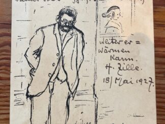 <b>Zille, Heinrich und Anna Pardemann (Künstlerin).</b><br />Zille: Lithographierte Zeichnung von Anna Pardemann: "H. Zille. Todensonntag (25.11.23)", in der Platte signiert "A. Pardemann." Von Heinrich Zille eigenhändig beschriftet und signiert (datiert Januar 1929): "Es war am Todensonntag 1923, da hat mich die kleine Pardemann gezeichnet, ich fror, war matt. Nun habe ich mich schon manchmal umgedreht, damit die andere Seite auch warm wird. Schön Gruß, Ihr H. Zille. Verso Danksagungskarte an Annie Neumann(-Hofer).