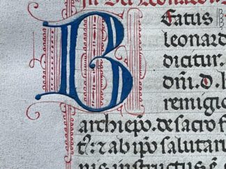 <p class="headtitle">Handschrift auf Pergament Legenda Aurea   1400</p><b>Vorragine, Jacobus de.</b><br />Legenda Aurea, Kapitel CLV. Legende vom Heiligen Leonhard. Einzelblatt.