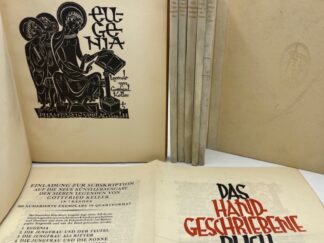 <p class="headtitle">Komplette Serie der "Sieben Legenden" bei Phantasus.</p><b>Keller, Gottfried.</b><br />Sieben Legenden. (in sieben Bänden): d.i.: I. Die Jungfrau und der Teufel. Mit Scherenschn. u. kol. Initialen von G. Oenike. 1923.  II. Die Jungfrau als Ritter. Mit Illustr. von W. Schnarrenberger. 1925.  III. Die Jungfrau u. die Nonne. Mit Illustr., davon 1 handkol. Titel, von J. Boehland. 1924.  IV. Der schlimmheilige Vitalis. Mit Textillustr. von P. L. Urban. 1925  V. Das Tanz-Legendchen. Mit zahlr. Illust. von H. Freese. 1926.  VI. Dorotheas Blumenkörbchen. Mit Illustr. von C. Rabus. 1925.  VII. Eugenia. Mit Illustr. von E. R. Vogenauer. 1925.