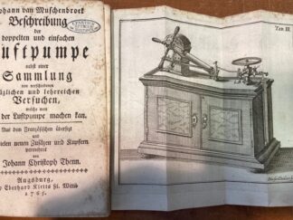 <p class="headtitle">Die Erfindung der Luftpumpe.</p><b>Muschenbroek, Jan van und Johann Friedrich Hartmann.</b><br />Beschreibung der doppelten und einfachen Luftpumpe nebst einer Sammlung von verschiedenen nützlichen und lehrreichen Versuchen, welche man mit der Luftpumpe machen kan Johann van Muschenbroek. Aus dem Franz. übers. und mit vielen neuen Zusätzen und Kupfern vermehret von Johann Christoph Thenn. ANGEBUNDEN: Electrische Experimente im luftleeren Raume  gesamlet von Johann Friedrich Hartmann, Königl. Churfürstl. Hospital-Casse-Registratore ... Mitgliede