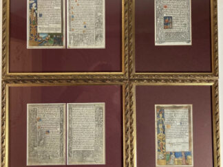 <b></b><br />BOOK OF HOURS -- COLLECTION of 6 loose leaves from printed books of hours (post-incunables), of which 5 printed by Gillet Hardouyn and 1 by Simon Vostre. Paris, 1510. All printed on vellum, r° and v°. W. fine woodcut borders, of which 2 are completely cold. by hand. Each leaf c. 165 x 100 mm. All framed, glazed and under acid free passepartouts in 4 frames, of which 3 can be viewed from both sides. Notes: The fine woodcuts depict biblical scenes and figures, i.a. Judith and Holofernes, the Beheading of St. John, Matthew the Evangelist, but also the Landing of Jason. With together 5 miniatures in colour, initials by hand in gold on red or blue ground, heightened with gold in places. Very decorative items.