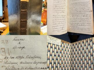 <p class="headtitle">Gebetbuch - Heures a l´usage S.A.S...La Princesse de Hohenlohe.</p><b>Hohenlohe-Bartenstein, Maria.</b><br />Heures a l`usage de S.A.S. Madame ... La Princesse héréditaire de Hohenloe & née comtesse de Salm & Barteinstein. ( Manuskript in Französisch)