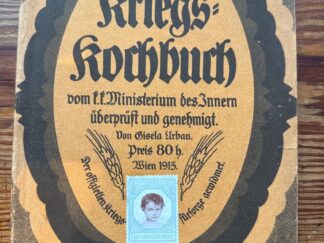 <b>Urban, Gisela.</b><br />Österreichisches Kriegs-Kochbuch : vom k. k. Ministerium des Innern überprüft und genehmigt : 100 Rezepte zur Bereitung billiger, auf Grund der kriegswirtschaftlichen Forderungen zusammengestellter und erprobter Speisen mit besonderer Berücksichtigung der Kriegsmehle und einem Anhange "75 Rezepte für Massen-Ausspeisungen" (Kriegs-Mittagstische, Spitäler usw., auch für den Einzelhaushalt in entsprechender Berechnung verwendbar), sowie Zusammenstellungen von Speisenfolgen.