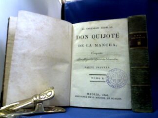 <b>Cervantes Saavedra, Miguel.</b><br />El Ingenioso Hidalgo Don Quijote de la Mancha. 2 Bände. Mit zus. 12 Kupferstichen.