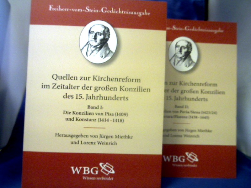 <b>Miethke, Jürgen (Herausgeber) und Lorenz (Übers.) Weinrich.</b><br />Acta ad ecclesiam in generalibus saeculi XV. conciliis reformandam spectantia = Quellen zur Kirchenreform im Zeitalter der großen Konzilien des 15. Jahrhunderts. 2 Bände. Lateinisch-Deutsch.