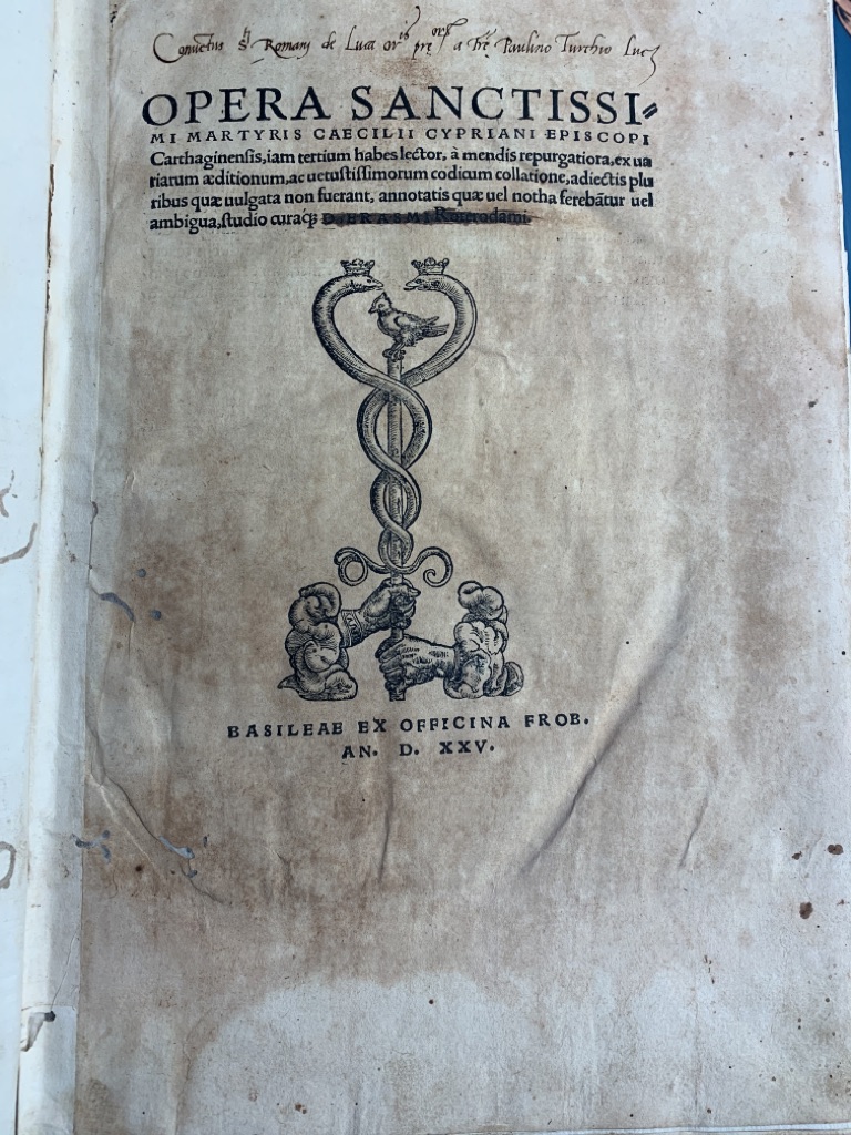 <p class="headtitle">Erasmus-zensiertes Exemplar.</p><b>Cyprianus, Thascius Caecilius und Desiderius Erasmus.</b><br />Opera Sanctissimi Martyris Caecilii Cypriani Episcopi Carthaginensis