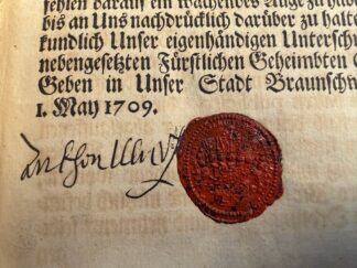<p class="headtitle">Mit der Original Unterschrift von Anton Ulrich.</p><b>Anton Ulrich [Braunschweig Lüneburg], Herzog.</b><br />Erneuerte Kirchen-Ordnung Unser Von Gottes Gnaden Anthon Ulrichs Hertzogen zu Braunschweig und Lüneburg Erster [und anderer Theil]. angebunden: "Evangelia und Episteln/ Auf alle Sonntage und fürnehmste Feste durchs gantze Jahr.