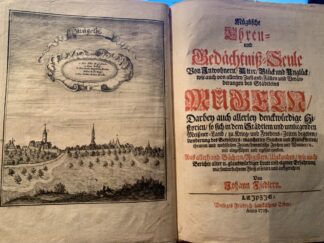 <p class="headtitle">Mügeln in Sachsen</p><b>Fiedler, Johann und Daniel Otto Zießler.</b><br />Müglische Ehren- und Gedächtniß-Seule : Von Inwohnern, Alter, Glück und Unglück, wie auch von allerley Zustand, Fällen und Veränderungen des Städleins Mügeln ; Darbey auch allerley denckwürdige Historien, so sich in dem Städtlein und umliegenden Meißner-Land, zu Krieg- und Friedens-Zeiten begeben ... erzehlet werden. Aus allerhand Büchern, Registern, Uhrkunden, wie auch Berichte alter u. glaubwürdiger Leute und eigener Erfahrung mit sonderbahrem Fleiß erörtert und auffgerichtet / Von Johann Fiedlern, P.L.C. der Kirchen daselbst Diacono. ANGEBUNDEN: Historische und andere Begebenheiten Der Müglischen Ehren- und Gedächtniß-Seule : unterzogen aus theils gelehrten historischen Schrifften/ theils schrifftlicher Anmerckung Priesterlicher und anderer guten Freunde/ theils aus eigenem Fleiß und Mühe also zusammen getragen/ Zur Continuation und Fortsetzung solcher der Müglischen Chronica, von Anno 1652. biß 1708. / von M. Daniel Otto Zießlern/ der Zeit Diac. in Alt- und Neu-Mügeln.