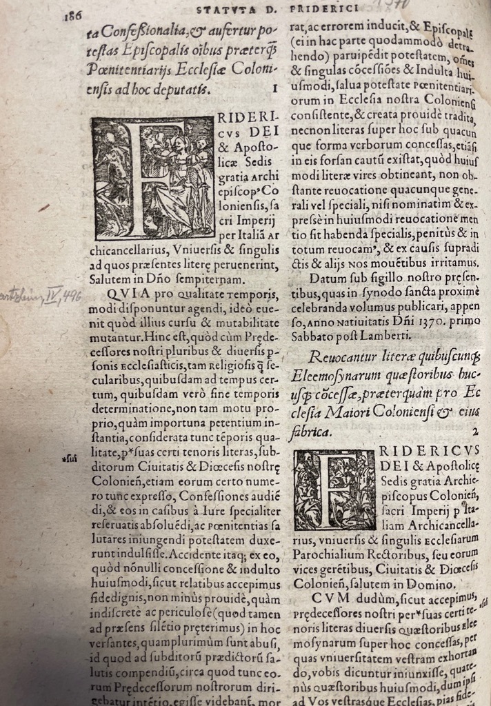 <p class="headtitle">Kölner Statuta im Erstdruck bei Quentel.</p><b>Erzbistum Köln und Bartholomaeus Poin.</b><br />Statuta seu Decreta Provincialium et Dioecesanarum Synodorum Sanctae Ecclesiae Coloniensis : Ex pervetusto et authentico Codice, qui in Archivo Archiepiscopali asservatur, aliisque vetustio exemplaribus restituta et emaculata. – Bild 3