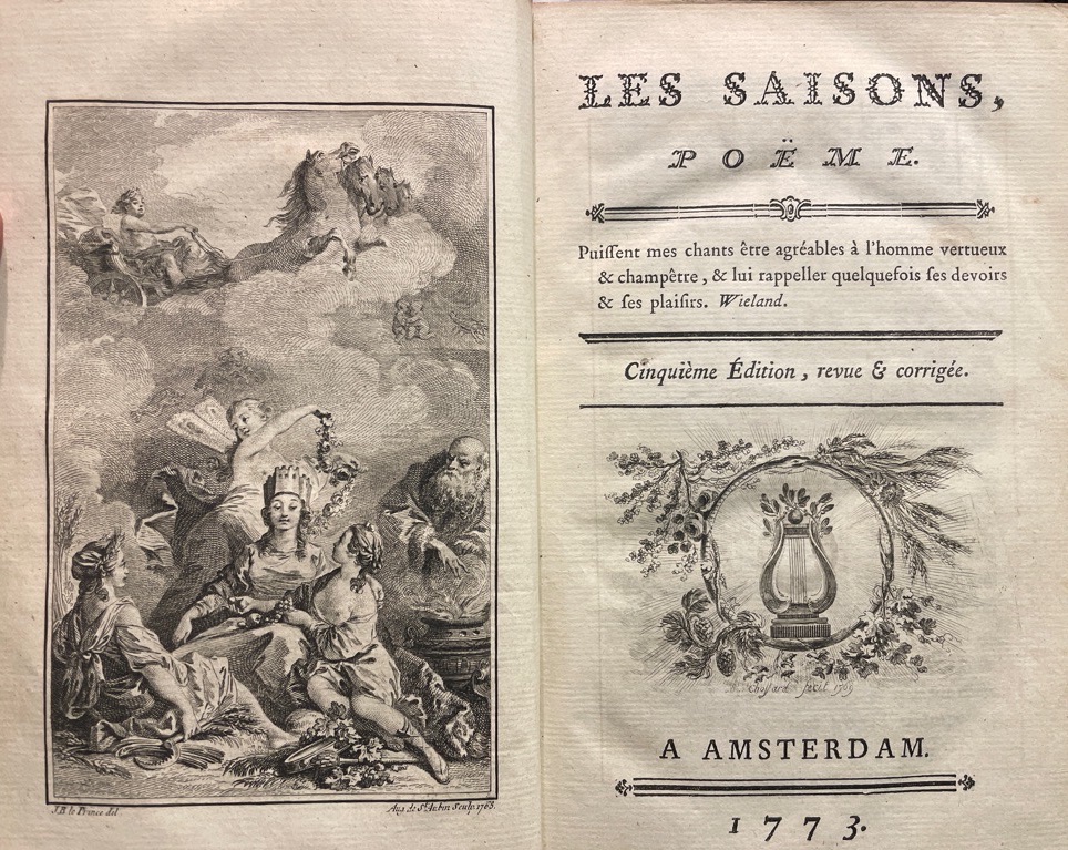 <b>Saint-Lambert, J.F. de.</b><br />Les saisons. Poëme. Deuxieme partie: L`Abenaki, Sara Th. Ziméo. Contes. Pieces fugitives. Fables orientales.