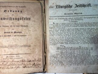 <p class="headtitle">Synagogengesang und Einweihung der Synagoge Berkach (Meiningen) 1854.</p><b>Ehrlich (Hg.), Hermann.</b><br />Liturgische Zeitschrift [zur Veredelung des Synagogengesanges mit Berücksichtigung des ganzen Synagogenwesens]. III. Theil, Hefte 1-12 und IV. Theil, Hefte 1-4. [Meiningen], BEILAGE:  Ordnung zur Einweihungsfeier der neuen Synagoge und des neuen Schulhauses zu Berkach bei Meiningen am 1. Juni 1854. Meiningen,