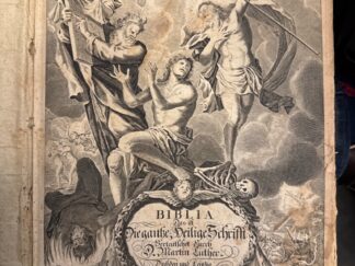 <b>Ittig [Ed.], Thomas und Martin [Übers.] Luther.</b><br />Biblia, Das ist Die gantze Heilige Schrifft, Alten und Neuen Testaments : Teutsch übersetzet von Martin Luther ; Mit dem Anhang des dritten und vierdten Buchs Esrä, und dritten derer Maccabäer, Nebst Vierhundert in Holtz geschnittene eingedruckte Figuren ... So ist auch diese Edition mit nöthigen Summarien und nützlicher Erklärung jedes Capitels, ordentlicher Anweisung zu Sonn- und Fest-tägigem Gebrauch, auch durchgehends mit sehr vielen Mariginal-Concordantien vermehret; Mit Approbation der hochlöbl. Theologischen Facultät zu Leipzig, und einer Vorrede Herrn D. Thomä Ittigs, Theol. P. P. und Supperintend.