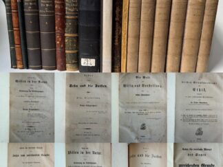 <p class="headtitle">Umfangreiche Sammlung früher Schopenhauer Original-Ausgaben.</p><b>Schopenhauer, Arthur.</b><br />Sammlung früher Original-Ausgaben von Arthur Schopenhauer: Arthur Schopenhauer: Uber die vierfache Wurzel des Satzes vom zureichenden Grunde, 2. Aufl., Johann Christian Hermann`sche Buchhandlung: Frankfurt a/M 1847, AIH in nur 750 Exemplaren gedruckt, Einbd. d. Z., altersgemäß gut; Arthur Schopenhauer: Über den Willen in der Natur, 2. Aufl., Johann Christian Hermann`sche Buchhandlung: Frankfurt a/M 1854, AIH in nur 1000 Exemplaren gedruckt, Einbd. d. Z., altersgemäß gut; Arthur Schopenhauer: Uber das Sehn und die Farben, 2. Aufl., Verlag Johann Friedrich Hartknoch: Leipzig 1854, AIH in nur 1050 Exemplaren gedruckt, Einbd. d. Z., altersgemals gut-befriedigend; Arthur Schopenhauer: Die Welt als Wille und Vorstellung, Bd. I & II, 3. Aufl., Verlag F.A. Brockhaus: Leipzig 1859, AlH in 2250 Exemplaren gedruckt, Einbd. d. Z., altersgemäß befriedigend, stellenweise stockfleckig - sehr seltene Version m. falscher Angabe d. Seitenerweiterung (S. XXXI, Vorwort zur 3. Aufl.), kam eigentl. nur korrigiert in d. Handel.; Arthur Schopenhauer: Die beiden Grundprobleme der Ethik, 2. Aufl., Verlag F.A. Brockhaus: Leipzig 1860, AIH in 2250 Exemplaren gedruckt, Einbd. d. Z., altersgemäß gut;  Balthazar Gracian: Hand-Orakel und Kunst der Weltklugheit, Verlag F.A. Brockhaus: Leipzig 1862, Erstausgabe d. Ubers. v. Arthur Schopenhauer, aus dessen Nachlaß hg. v. Julius Frauenstädt, Original-Broschur, Umschlag etwas schmuddelig, Ränder und Buchschnitt unregelmäßig, innen sehr gut;  Arthur Schopenhauer: Über die vierfache Wurzel des Satzes vom zureichenden Grunde, 3. Aufl., hg. v. Julius Frauenstädt, Verlag F.A. Brockhaus: Leipzig 1864 ders.: Über den Willen in der Natur, 3. Aufl., hg. v. Julius Frauenstädt, Verlag F.A. Brockhaus: Leipzig 1867 ders.: Über das Sehn und die Farben, 3. Aufl., hg. v. Julius Frauenstädt, Verlag F.A. Brockhaus: Leipzig 1870 ? jeweils 1. Auflage nach Schopenhauers Tod, alle 3 Bücher zusammengebunden in einem Band, Rücken und Gelenk angebrochen, ansonsten altersgemäß außen gut bis befriedigend, innen sehr gut bis gut;  Schopenhauer-Lexikon, hg. v. Julius Frauenstädt, 2 Bände, Verlag F.A. Brockhaus: Leipzig 1871, Erstausgabe, 2 Bde. in 1 Bd. zusammengeb., Einbd. d. Z., Gelenke angebrochen, altersgemäß außen knapp befriedigend, innen sehr gut bis gut, ehem. Bibliotheksex.; Arthur Schopenhauer`s sämmtliche Werke, hg. v. Julius Frauenstädt, 6 Bände, Erstausgabe, Verlag F.A. Brockhaus: Leipzig 1873-1874, Einbd. d. Zeit, Rücken verblichen, ansonsten außen gut, innen sehr gut, späterer Namenseintrag auf jedem Vorsatzblatt Julius G. Böhler 1950"; Jürgen Bona Meyer: Arthur Schopenhauer als Mensch und Denker, C.G. Lüderitz`sche Verlagsbuchhandlung: Berlin 1872, Erstausgabe, Einbd. d. Z.., altersgemäß außen befriedigend, innen sehr gut bis gut, ausgesch. Bibliotheksex; Paul Deussen: Die Elemente der Metaphysik, Verlag J.A. Mayer: Aachen 1877, Erstausgabe, m. e. Widm. v. Paul Deussen (1845-1919) u. U. der Verfasser" auf Umschlag der Orig.-Br., späterer Einband, altersgemäß guter Zustand, das Umschlagblatt m. der Widm. wurde vorne auf den Deckel montiert, ausgesch. Bibliotheksex.; William L. Hertslet: Schopenhauer-Register, Verlag F.A. Brockhaus: Leipzig 1890, Erstausgabe, Einbd. d. Z., Rücken berieben, sonst altersgemäß außen gut bis befriedigend, innen sehr gut bis gut.