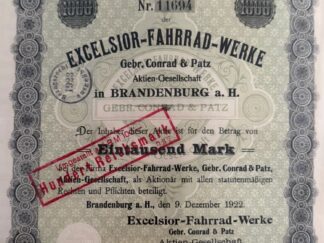 <b>Excelsior Fahrrad Werke.</b><br />Excelsior-Fahrrad-Werke Gebr. Conrad & Patz Aktien-Gesellschaft. Aktie über 1.000 Mark.