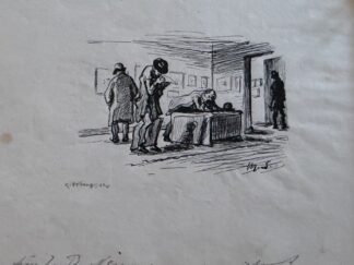 <p class="headtitle">Max Slevogt zeichnet J.B. Neumann im Graphischen Kabinett Berlin.</p><b>Slevogt, Max, Israel Bär Neumann (Widmungsnehmer) und R. Hoberg (Holzschneider).</b><br />Im Graphischen Kabinett von I.B. Neumann in Berlin. Holzschnitt nach einer Federzeichung von Max Slevogt. Mit handschriftlicher Widmung von Max Slevogt an J.B. Neumann, datiert 1914.