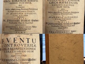<p class="headtitle">WIEDERTÄUFER Dissertationen Sammelband.</p><b>Gutbier [Preas], Johannes Tobias, Johannes Matthias Nebe [Resp.] und Christian Hütter [Resp.] & Reinhard Hoffmann.</b><br />Dissertatio Historica I., De Origine Controversiae Circa Haereticos Rebaptizandos Olim Motae / Quam ... Placido Eruditorum Examini In Academia Lipsiensi, D. 8. Maii, M.DC.LXXXIX. submittunt Praeses M. Johannes Tobias Gutbier/ Weissenseha-Thur. ... & Respondens Johannes Matthias Nebe/ Ossitiens. Misnic. ... [Leipzig] : Brandenburgerus, 1689; FORTGESETZT: Dissertatio Historica II. De Progressu Controversiae Circa Haereticos Rebaptizandos Olim Motae / Quam ... Publicae Disquisitioni, In Academia Lipsiensi, D. 25. Maii, MDCLXXXIX. submittunt Praeses, M. Johannes Tobias Gutbier/ Weissenseha Thur. ... Et Respondens, Christianus Hütter/ Ossitiensis Misnic. ...Lipsiae : Brandenburgerus, 1689; FORTGESETZT: Dissertatio III. : De eventu controversiæ circa rebaptizationem hæreticorum olim motæ, ... præses, M. Johannes Tobias Gutbier, ... et respondens, Reinhardus Hoffmann, ... Publico examini submittunt ad diem 18. Septembr. anno 1689. ...