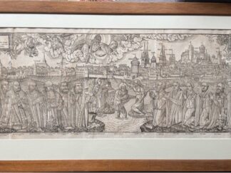 <b>Anonym.</b><br />Die Taufe Christi in der Pegnitz Reformatorenansicht / Nürnberg Gesamtansicht (ohne Titel) im Vordergrund mittig die Darstellung der Taufe Christi in der Pegnitz, seitlich davon 13 Porträts in ganzer Figur von Fürsten, Reformatoren und Förderern der Reformation. Anonymer Holzschnitt.